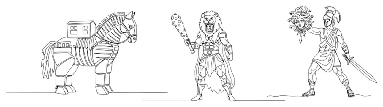 Continuous line drawing of Greek mythology figures featuring Trojan Horse Hercules with club and Perseus with Medusa head