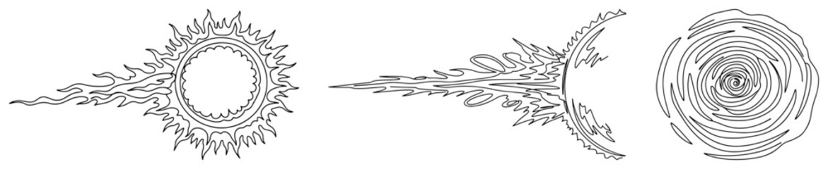 Set of celestial line art symbols featuring a sun moon and swirling galaxy vortex © InsomniaVideo