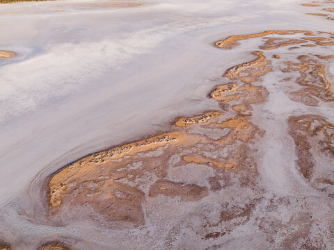 Aerial view of the intricate patterns of the salt lake's edge where the pale earth meets the golden shoreline, Lake Campion, Western Australia, Australia.