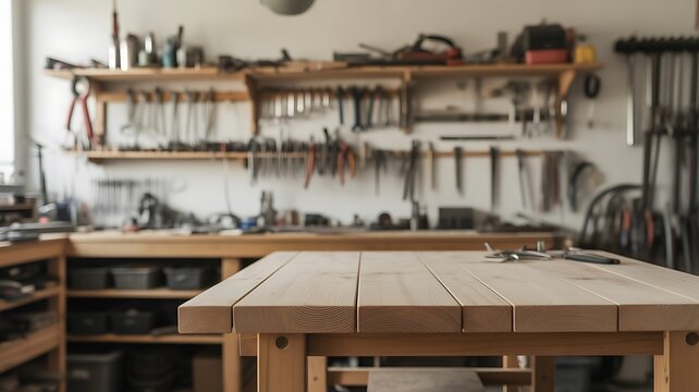 Wooden workbench in a cluttered workshop with tools on shelves