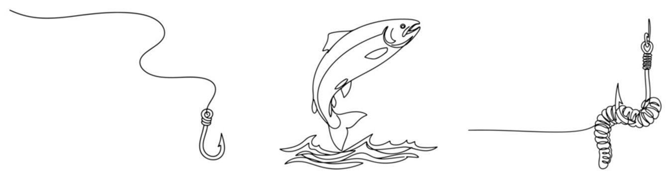 Continuous one line drawing of a fishing set including a hook jumping fish and worm on lure