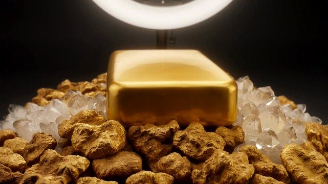 Captivating gold bar surrounded by shining crystals, symbolizing wealth and luxury in an elegant display.