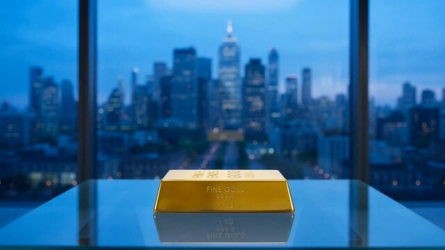 A stunning gold bar symbolizes wealth and investment against a beautiful city skyline at twilight.