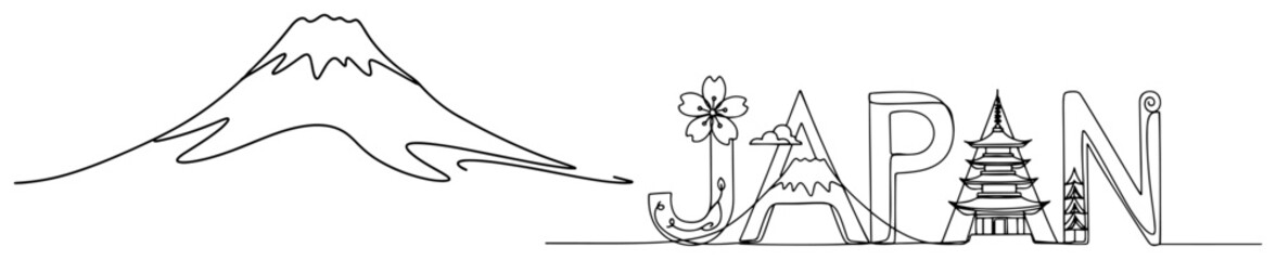Single continuous line drawing of Mount Fuji and Japan typography with pagoda and cherry blossom symbols © InsomniaVideo