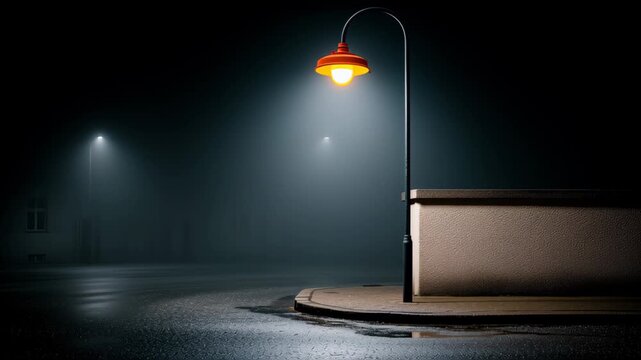 Street lamp illuminated in foggy night scene, casting warm light on wet pavement near a concrete wall and distant streetlights in a quiet urban environment