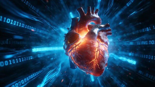 Anatomical heart glowing with digital data streams and binary code, suitable for healthcare technology, artificial intelligence, medical innovation, and biotechnology.