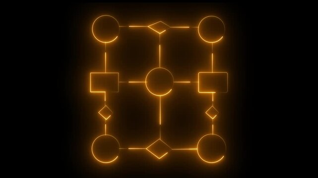 Business process and workflow automation with flowchart. Business and technology concept. Visualizes step-by-step progression through a procedure or system on black background. 