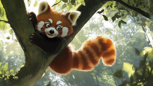 Cute red panda in a tree.  A friendly, cartoon-style red panda, with a fluffy tail and reddish-brown fur, is perched playfully in a tree. Lush, leafy green foliage surrounds it, bathed in sunlight