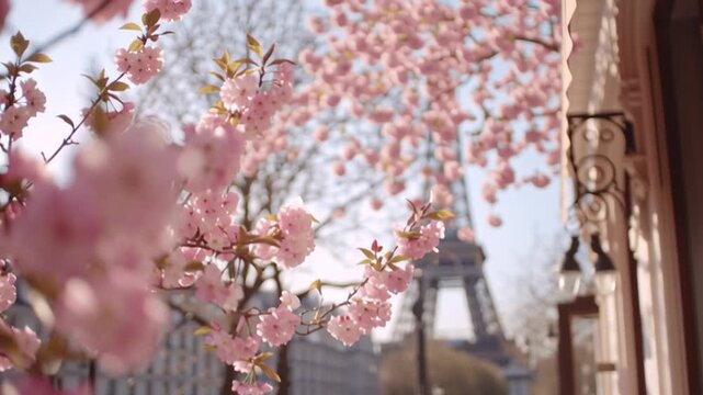 Coffee and pastries on a table with flowers and a view of the Eiffel Tower in Paris during springtime in the morning