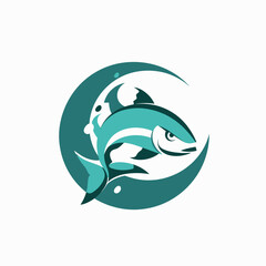 Obraz premium Stylized illustration of a fish jumping over a wave inside a crescent