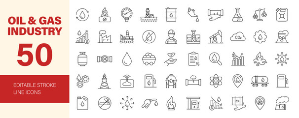 Plakat Oil and Gas industry icon set. Editable line icons. Vector illustration.