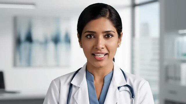 Portrait of a confident female doctor in a white lab coat with a stethoscope around her neck, looking directly at the camera