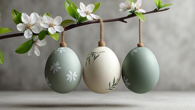 Decorative Easter eggs hanging from a branch adorned with white blossoms, showcasing a harmonious blend of colors and floral patterns in a serene indoor setting