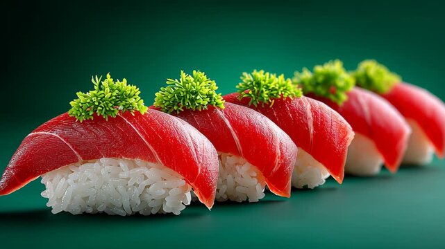 Sushi rolls with fresh tuna and green garnish arranged in a row on a dark green background, showcasing vibrant colors and textures of the ingredients