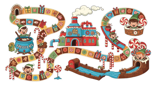 Christmas Candy Factory Board Game with Elves and Chocolate Making