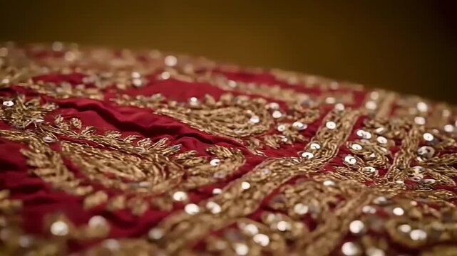 Close-up of luxurious red fabric with intricate gold embroidery and sparkling embellishments, showcasing exquisite craftsmanship