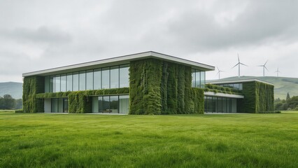 Obraz premium Modern eco-friendly house with green living walls, floor-to-ceiling glass windows, and wind turbines in background — sustainable architecture in rural landscape