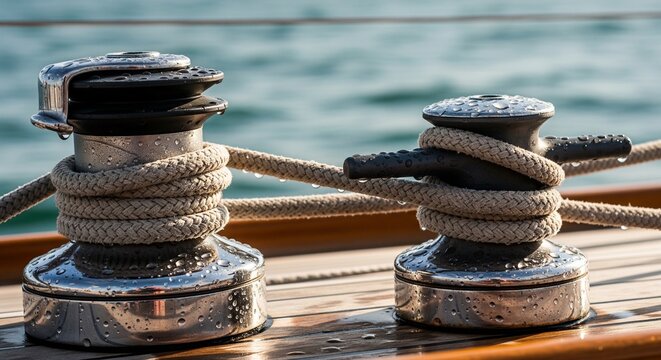 Detailed shot of shiny metal winches with ropes wrapped around them on a yacht deck.