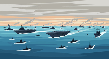 Obraz premium Massive naval fleet exercise with numerous aircraft carriers and submarines sailing on the ocean under a dramatic sky, showcasing maritime power and strategic naval maneuvers in a grand display