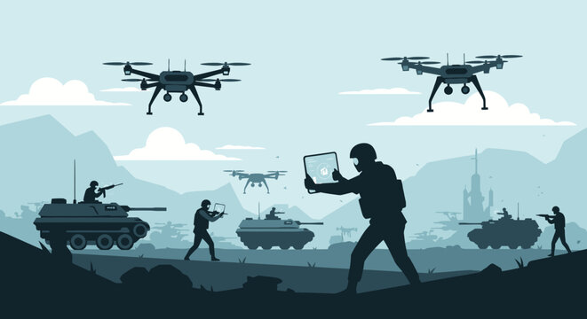 Future military conflict soldiers, tanks, and advanced drones engaged in strategic warfare, highlighting technological advancements and autonomous combat operations