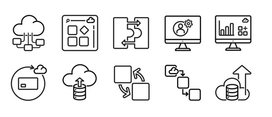 Fototapeta premium Cloud Software Platform Outline Icons Set – Web Application, API Integration, User Management, Platform Dashboard, Cloud Data Storage, Subscription System, Software Integration, Workflow, Scalability