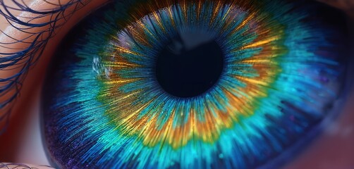 Fototapeta premium Extreme close-up of human eye iris with swirling patterns. Vivid colors blend in radial lines creating cosmic or galaxy effect. Detailed texture shows vibrant spectrum of blues greens and yellows.