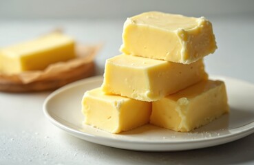Butter sticks stacked on white plate. Yellow dairy product cut in portions. Soft natural fat for cooking tasty meals. Creamy rich ingredient for baking.
