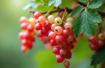 Naklejka premium Ripe redcurrant berries grow on shrub branch with green leaves. Small round fruit cluster ripens in summer garden. Harvest time for sweet healthy garden crop.