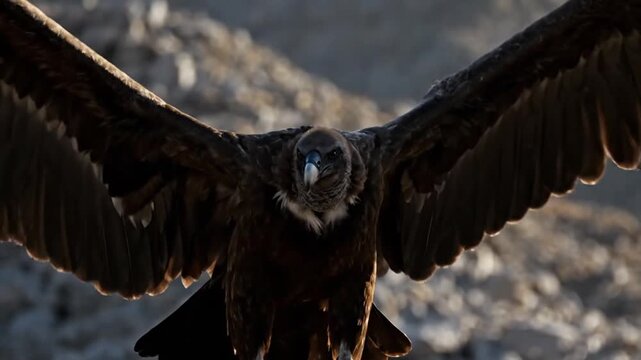 High detail close up video of Aegypius monachus monk vulture preparing for flight on mountain ridge The bird partially spreads its wide wings revealing feather structure and muscular strength Light wi