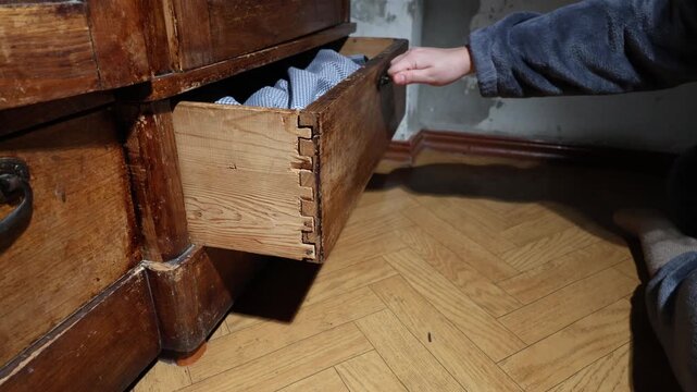 Person's hand reaching into an old wooden dresser drawer with clothes inside
