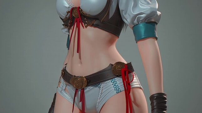 3D Animated Anime Woman in White Shorts and Silver Armor Bra With Red Ribbon Belt
