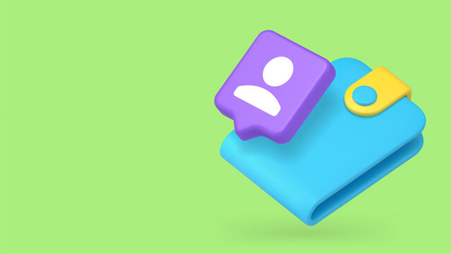 Minimalist banner template with 3d wallet and user account icon. Modern cartoon vector illustration for financial services, e-commerce, or personal budget app promotion. Clean design with copy space
