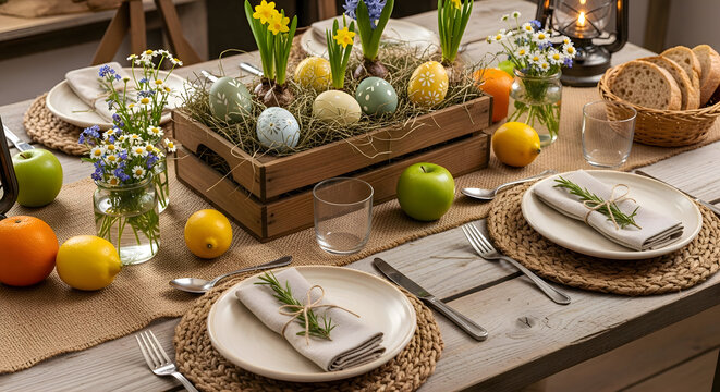 Easter table setting with decorated eggs fruits and flowers on a rustic wooden table ready for a holiday meal