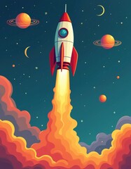 Fototapeta premium Retro spaceship blasts off through colorful clouds and stars. Rockets ascend into a galaxy with planets and a crescent moon. Space exploration theme, science fiction.