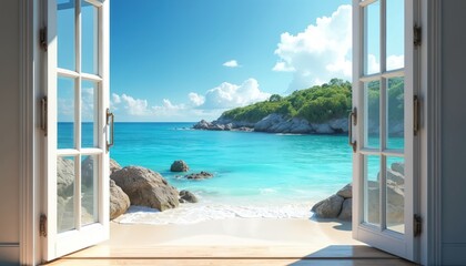 Open window offers view of tropical beach with bright blue ocean water and green hilly island. Sunny day sky with white clouds over calm sea waves. © miss irine