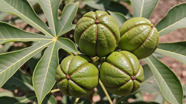 green ribbed fruits on palmate leaves close-up