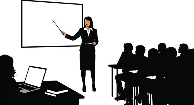 A teacher presenting to a class depicted as a dark silhouette