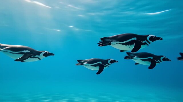 A group of penguins swim gracefully underwater in a clear, blue ocean