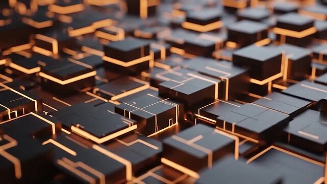 Abstract geometric pattern with glowing orange lines on dark surfaces