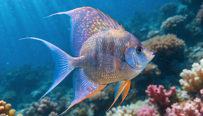 Fototapeta premium Vibrant iridescent fish swimming in coral reef underwater ocean scene blue turquoise