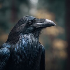 Obraz premium Close-up portrait of a black raven with glossy plumage and piercing eye in moody forest light