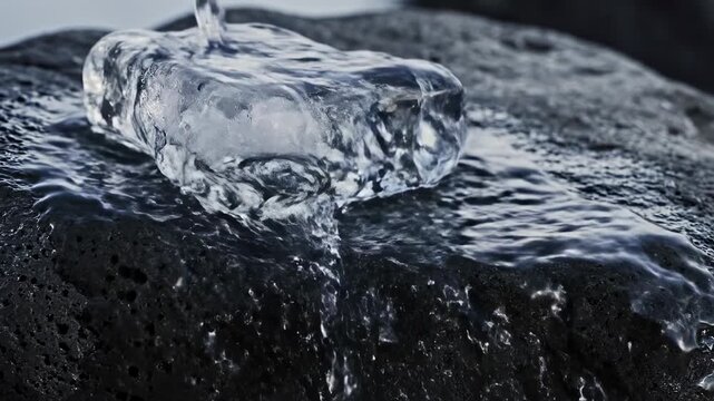 Ice cube melting on a textured black stone surface, water droplets cascading down, creating a glistening effect in a natural outdoor setting with soft lighting