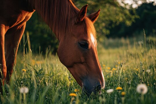 Close-up portrait of a chestnut Budyonny horse grazing in a sunlit summer meadow with dandelions