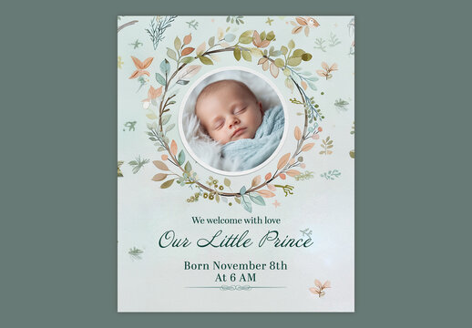 Editable Baby Birth Announcement Post with Little Prince Photo Frame in Floral Theme Design.