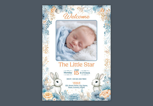 Editable Welcome the Little Star Baby Shower Invitation Template with Cute Sleeping Baby and Bunnies in Floral Background.