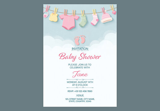 Editable Baby Shower Invitation Template with Hanging Babies Clothes on Rope in Clouds Background.
