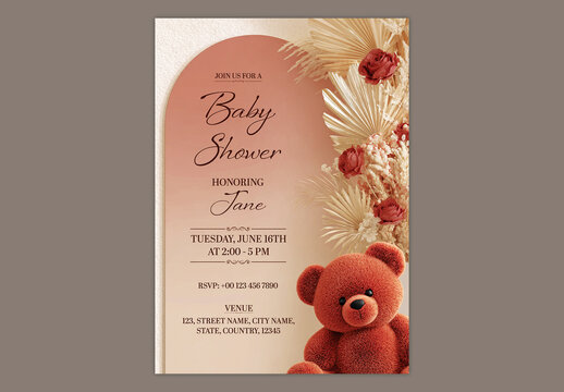 Editable Baby Shower Party Invitation Template Design with Floral and Teddy Bears Decoration.