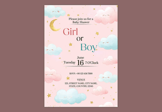 Boy and Girl Gender Reveal Party Baby Shower Invitation Template Editable Design with Moon, Stars and Clouds Background.