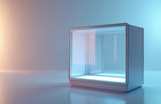 Clear cube display case with silver frame illuminates from below. Empty glass box sits on reflective surface. Background is softly blurred blue and white.