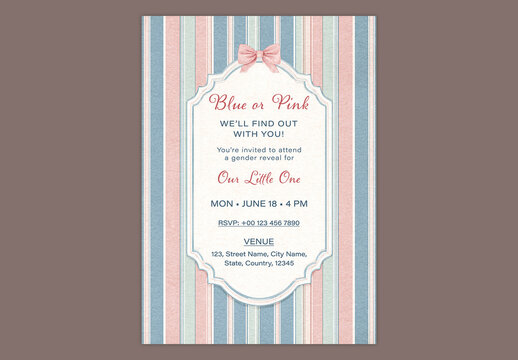Editable Gender Reveal Party Baby Shower Invitation Template Design in Vintage Striped Theme.